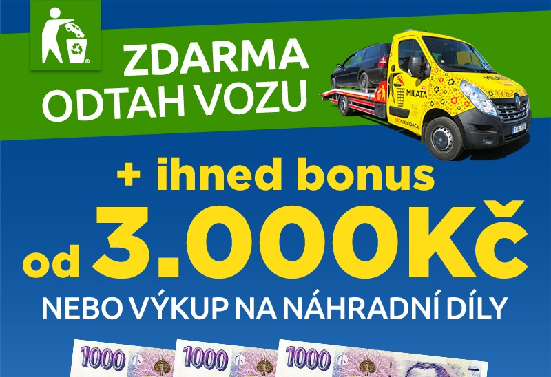 Odtah autovraku zdarma s bonusem 3000 Kč