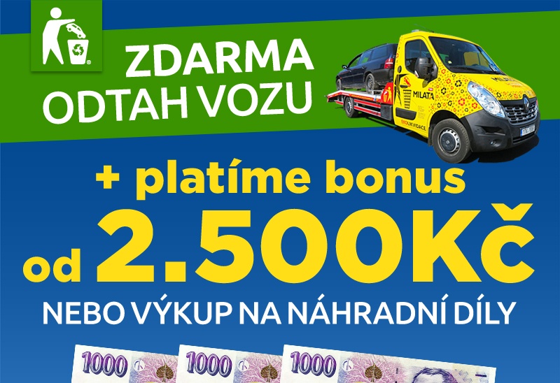 Odtah autovraku zdarma s bonusem 3000 Kč